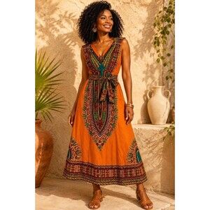 KikoRomeo African Print Dress Size 12 Orange Dashiki Cotton V Neck Tie Kenya